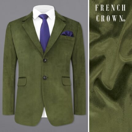 Fuscous Green Single Breasted Velvet Designer Blazer