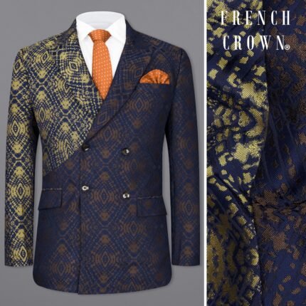 Bleached Navy Blue with Apache Gold Double Breasted Jacquard Textured Designer Blazer