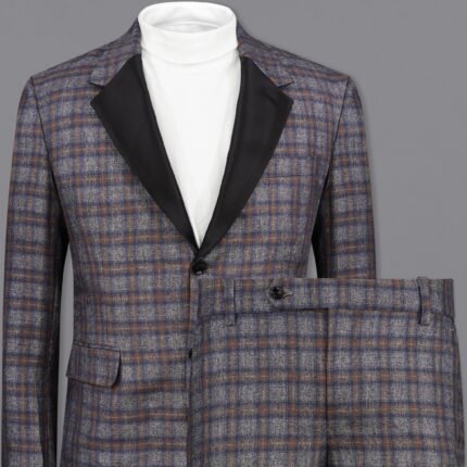 Fuscous Gray Checkered Single Breasted Black Lapel Designer Suit